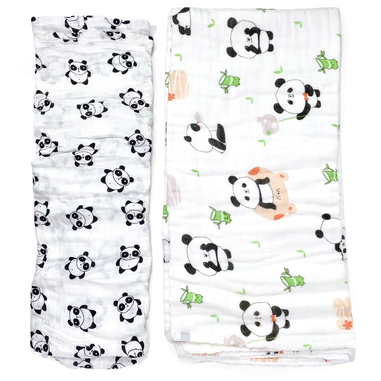 A set of two muslin baby blankets, one light swaddle blanket and one thick buggy blanket, with panda designs.