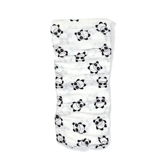 A folded muslin swaddle blanket with a panda design.