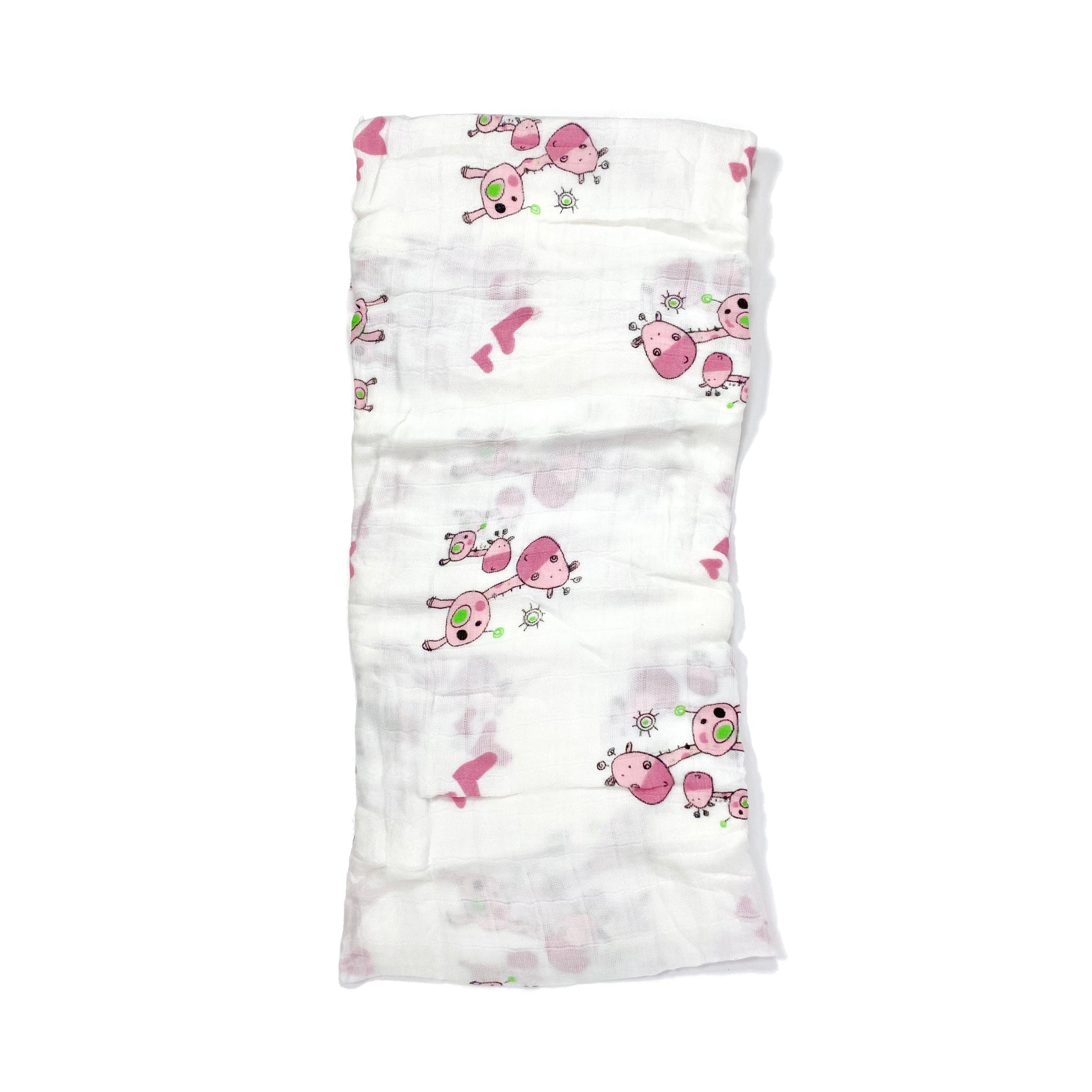 A folded muslin swaddle blanket with a pink giraffe design.