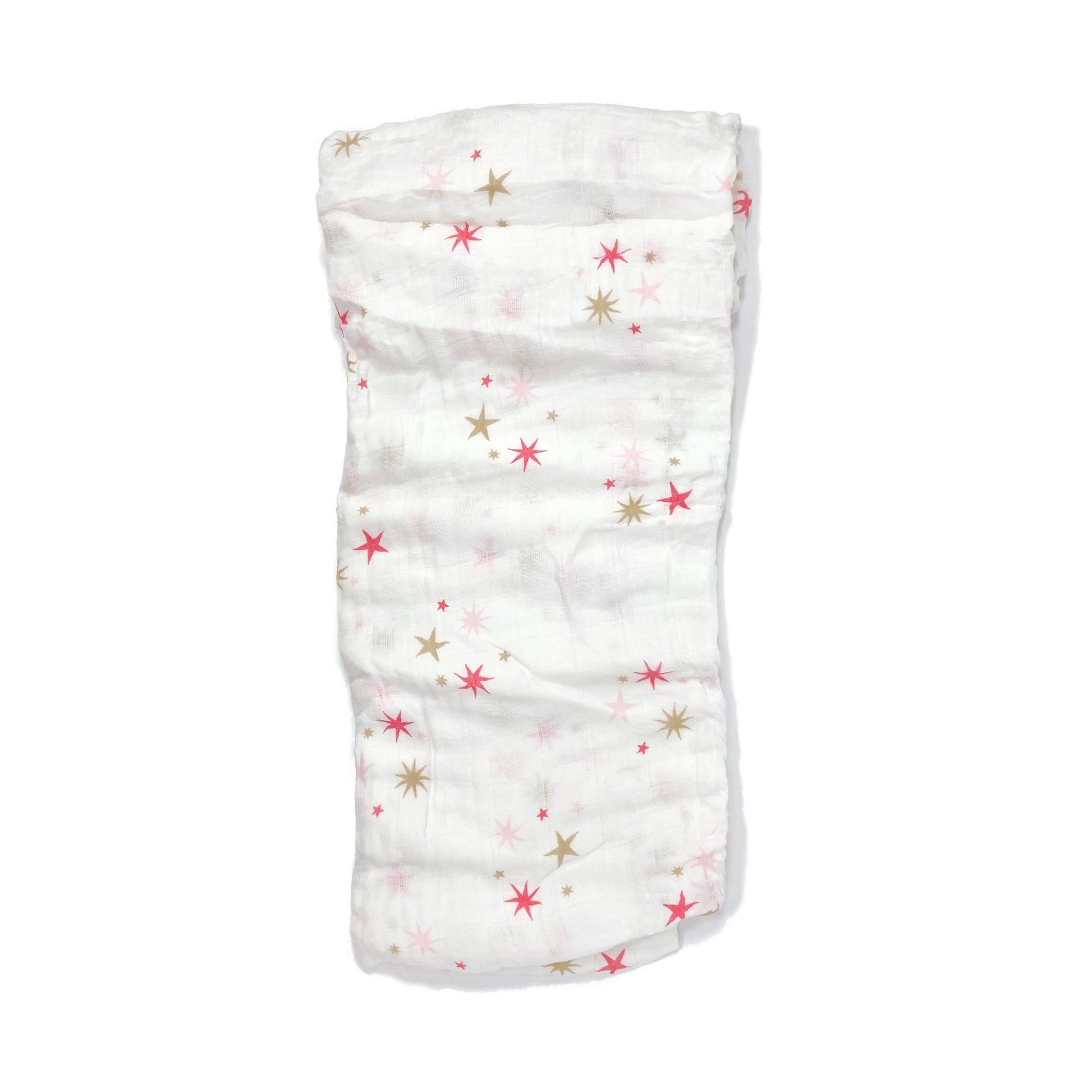 A folded muslin swaddle blanket with a pink stars design.