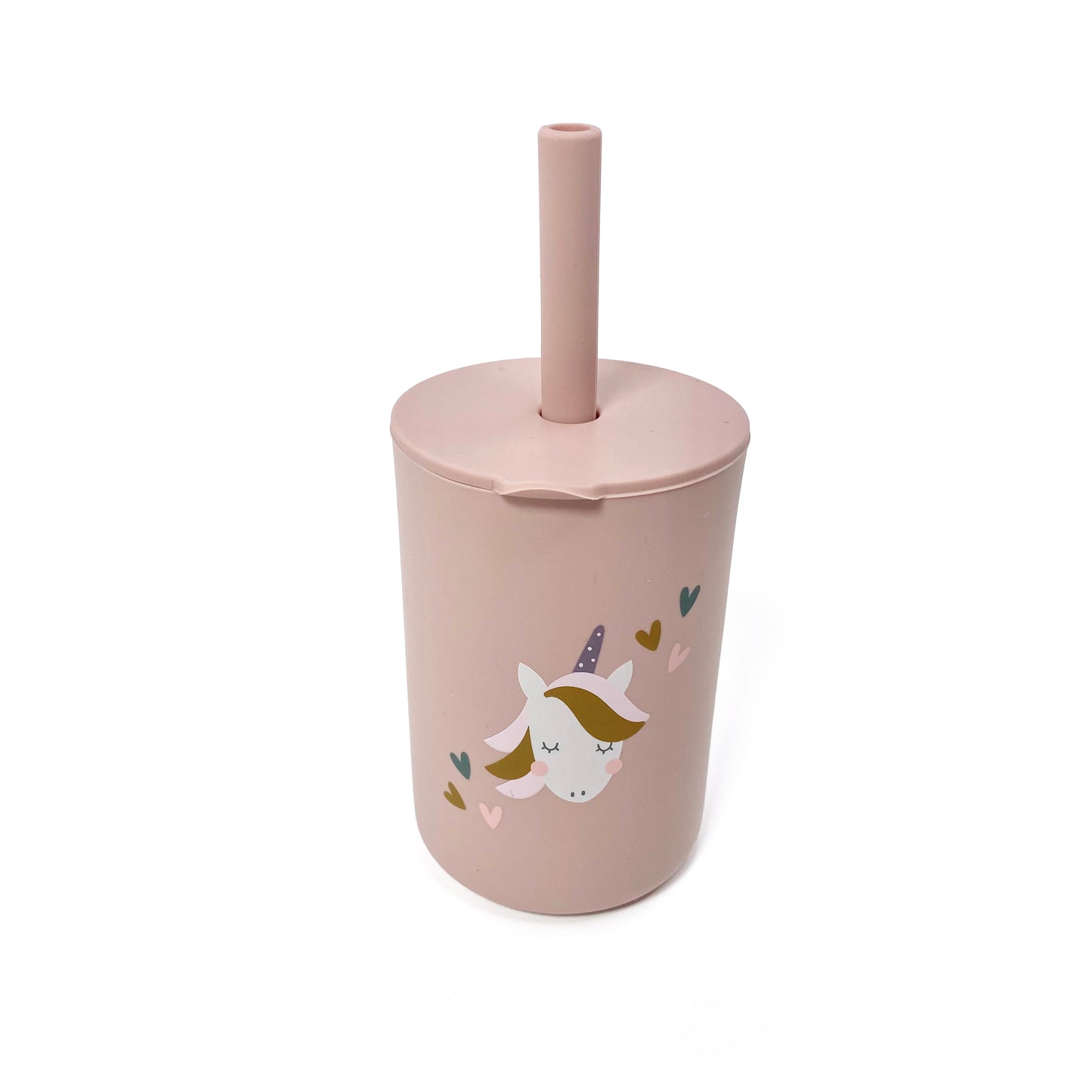 A children’s pink silicone drinking cup, with matching lid and straw, featuring a unicorn design. The image shows the cup with lid and straw attached.