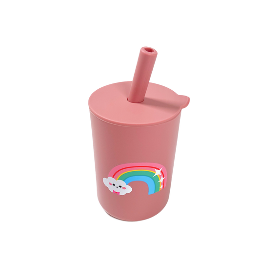 Pink Rainbow Stars Silicone Cup with Lid and Straw
