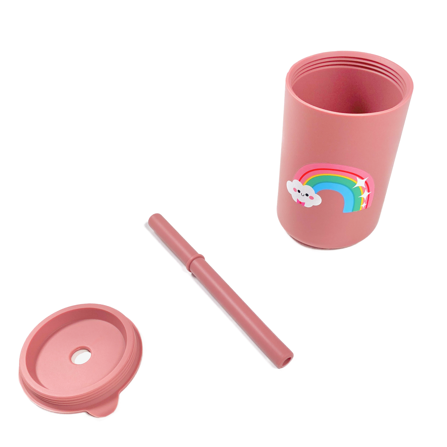 Pink Rainbow Stars Silicone Cup with Lid and Straw