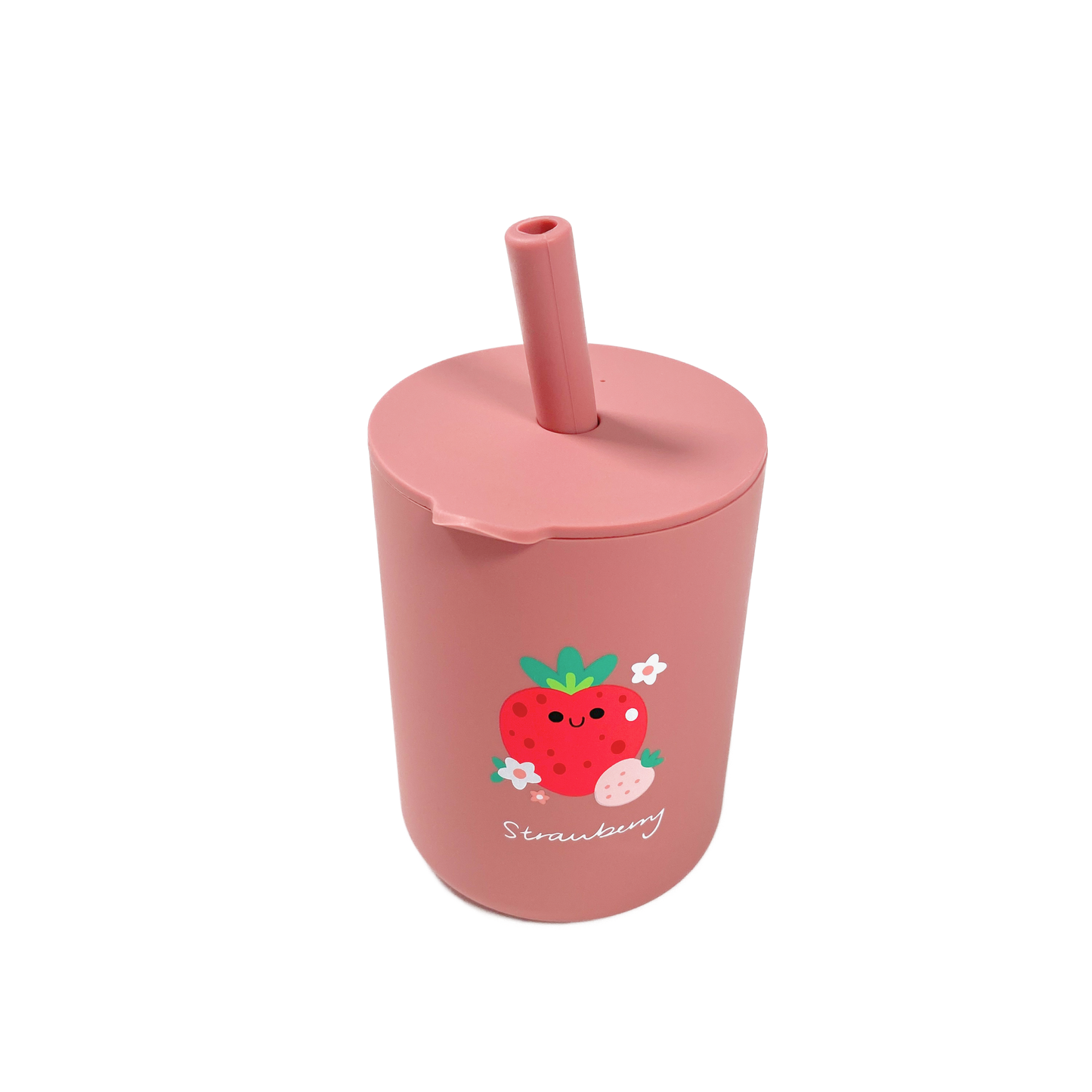 Pink Strawberry Silicone Cup with Lid and Straw