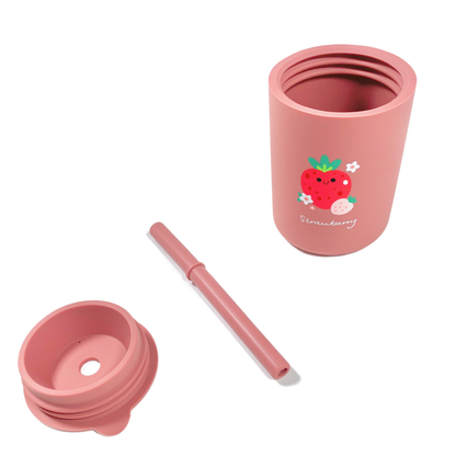 Pink Strawberry Silicone Cup with Lid and Straw
