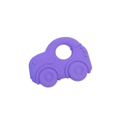 A children’s purple silicone teething toy, in a car design.
