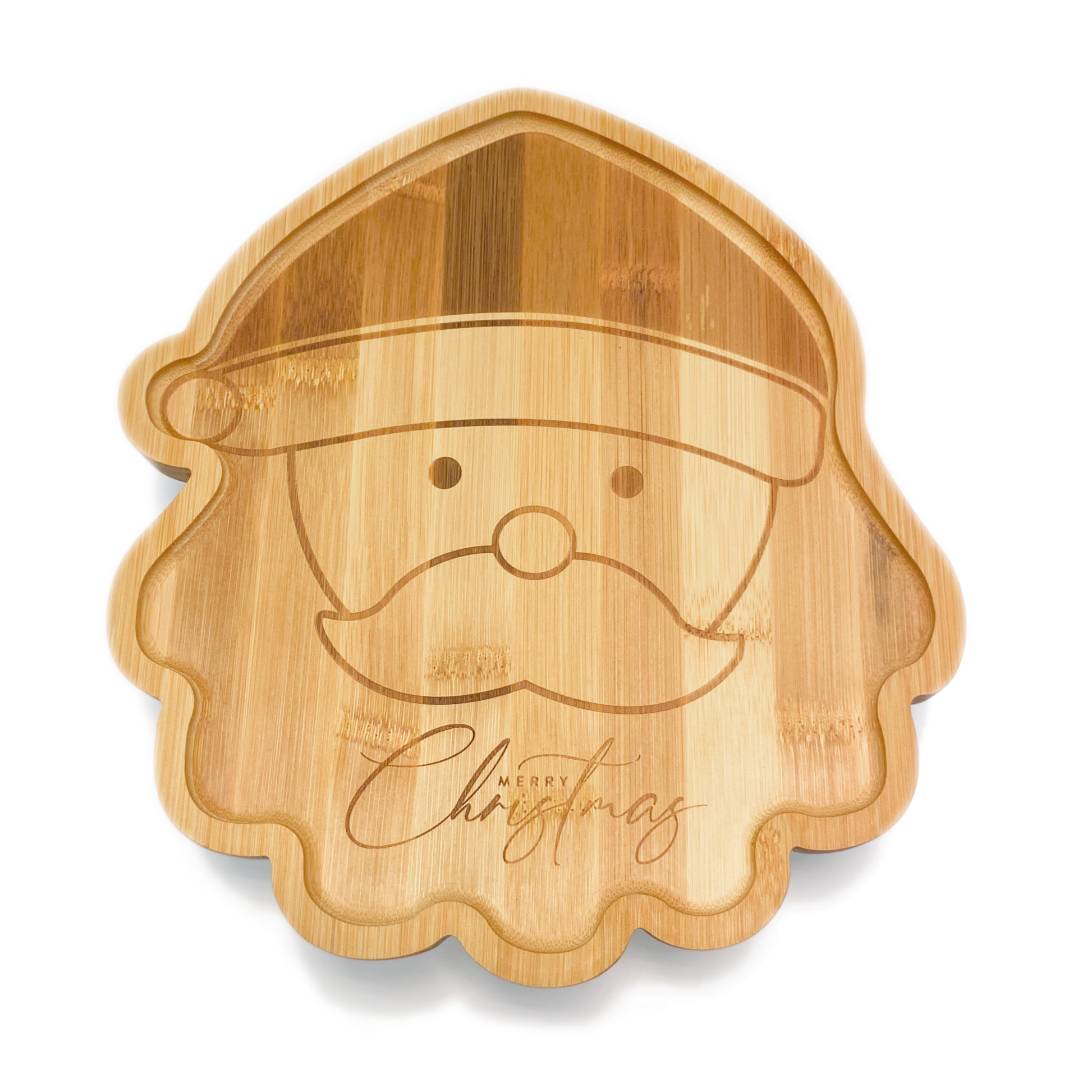 A festive children's bamboo plate in the shape of Santa/Father Christmas. The face of Santa/Father Christmas is engraved onto the plate with the message 'Merry Christmas’. Image shows the front of the plate.