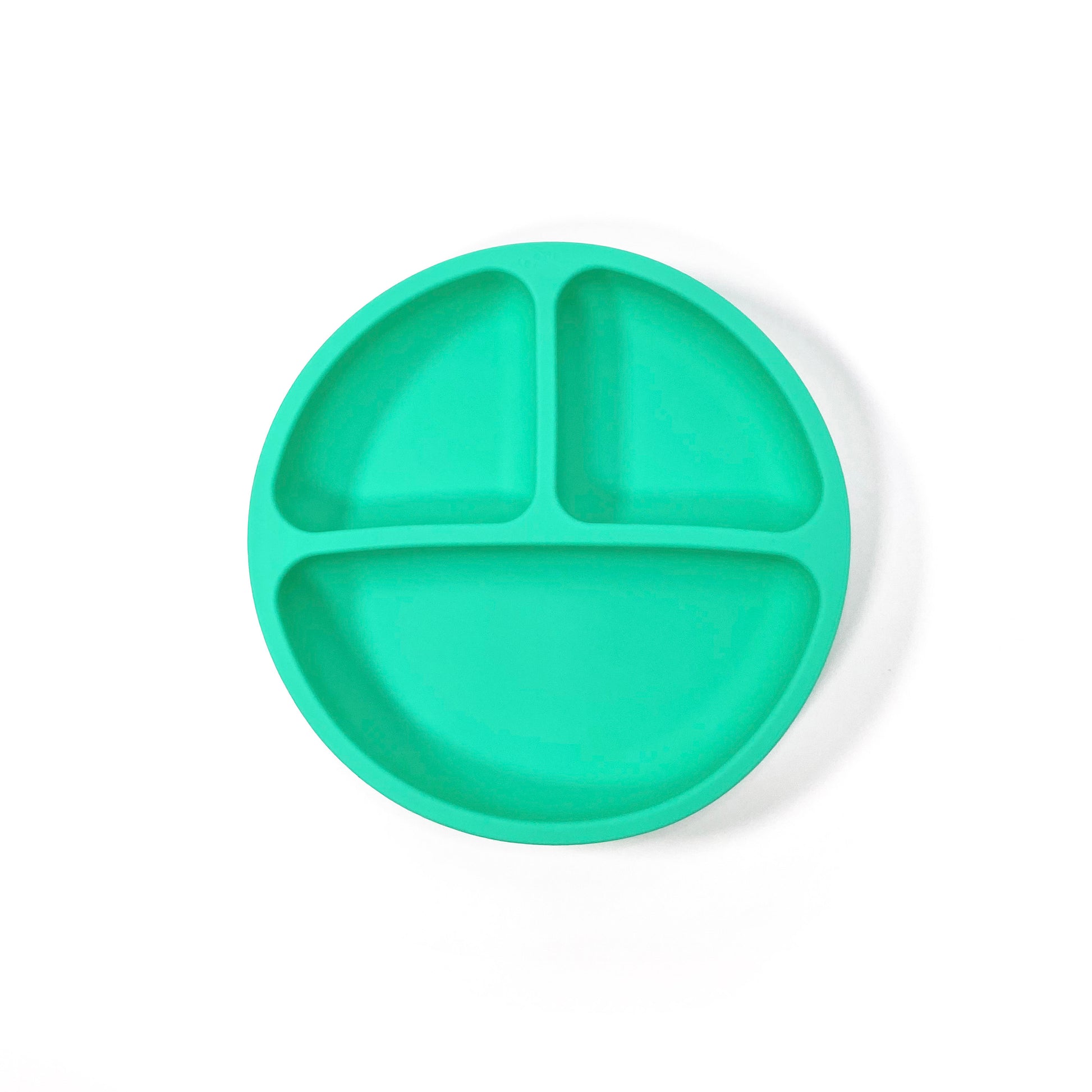 A seafoam green silicone children’s section plate with suction cups on the base. View from above.