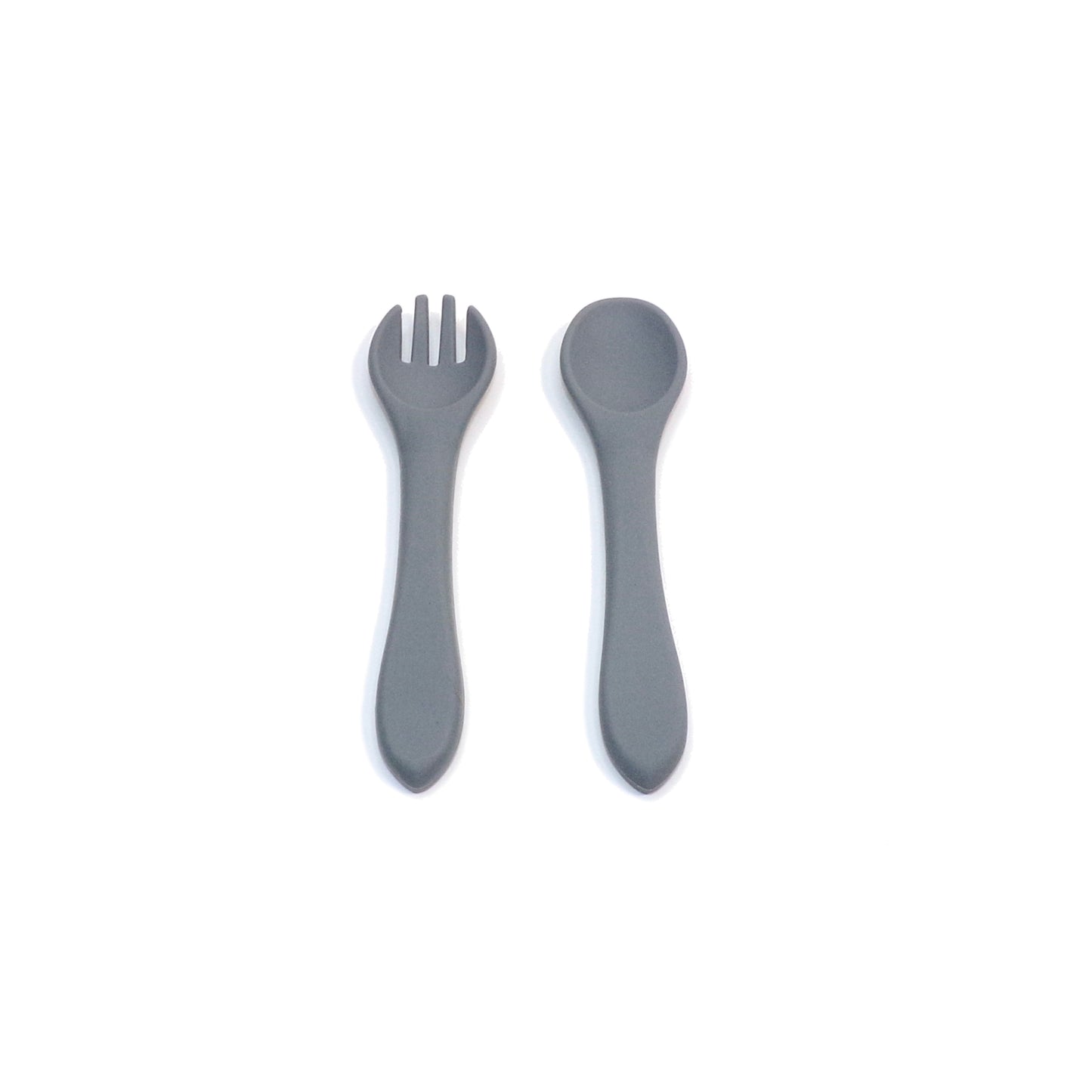 A set of blue silicone cutlery, a fork and spoon. The utensils are designed for young children.