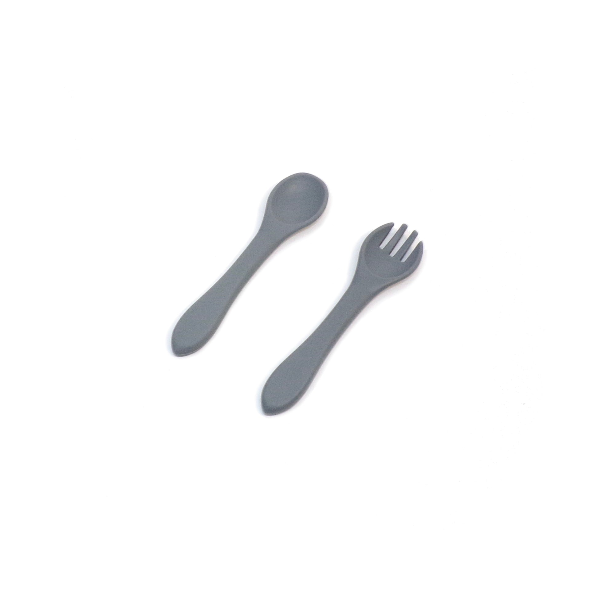 A set of blue silicone cutlery, a fork and spoon. The utensils are designed for young children.