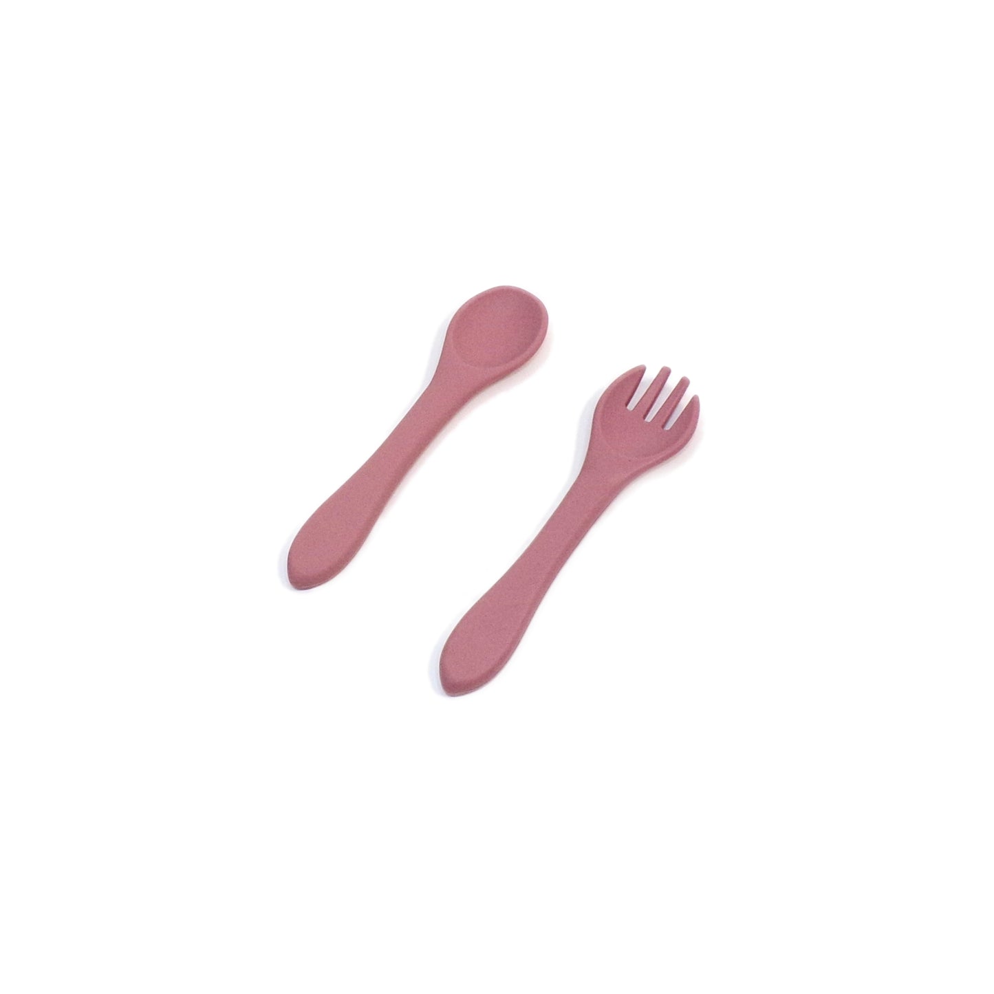 A set of pink silicone cutlery, a fork and spoon. The utensils are designed for young children.