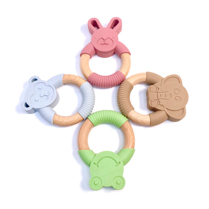 Teething rings made of silicone and bamboo, in elephant, monkey, rabbit and frog designs.