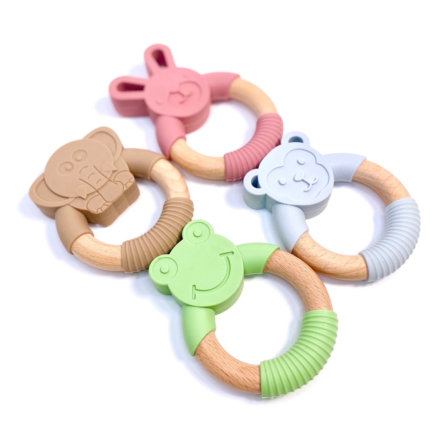 Teething rings made of silicone and bamboo, in elephant, monkey, rabbit and frog designs.