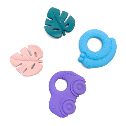 A collection of children’s silicone teething toys, available in blue snail, green leaf, pink leaf and purple car designs.