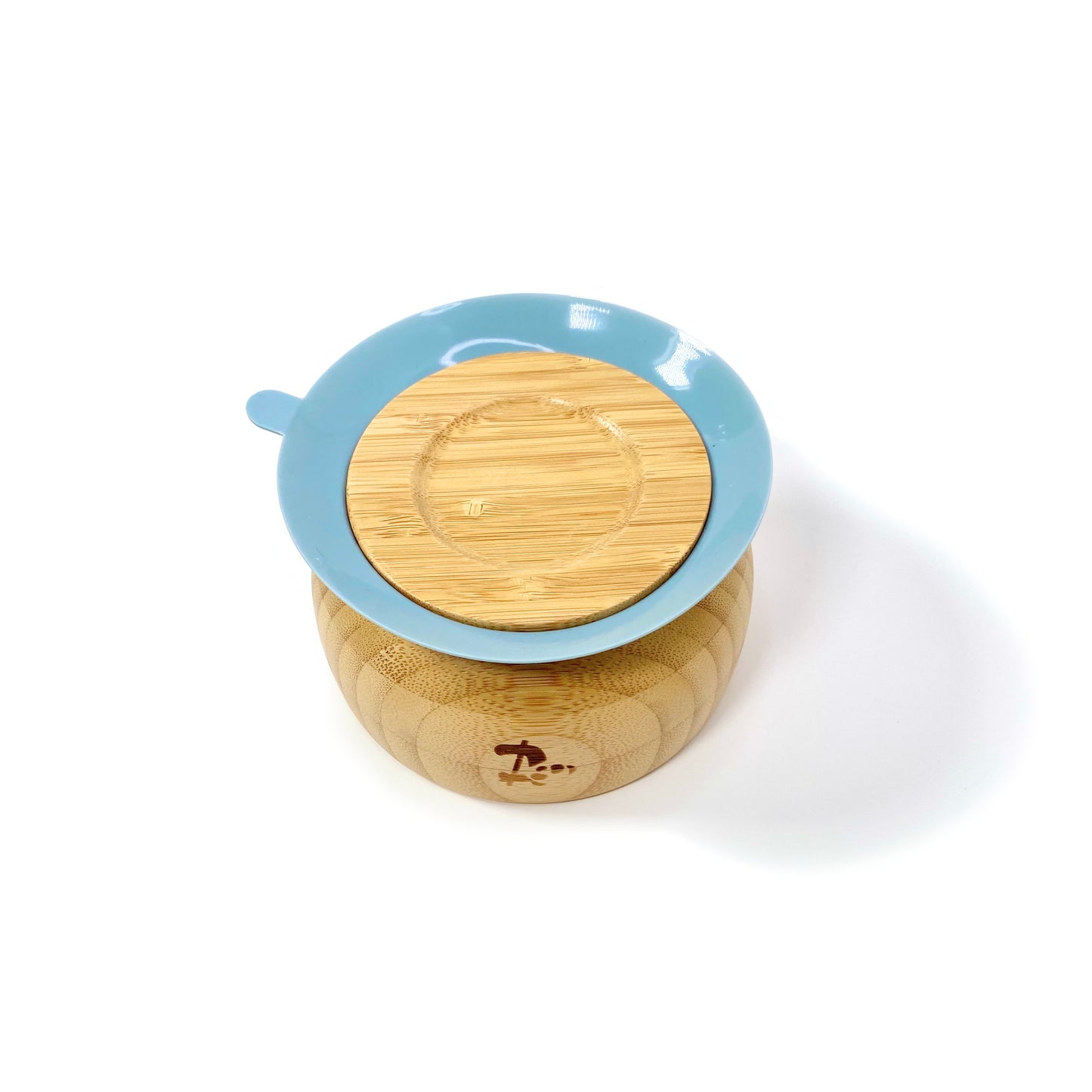 A children’s bamboo bowl with a sky blue silicone suction ring. Image shows the underside of the bowl, featuring the silicone suction ring.