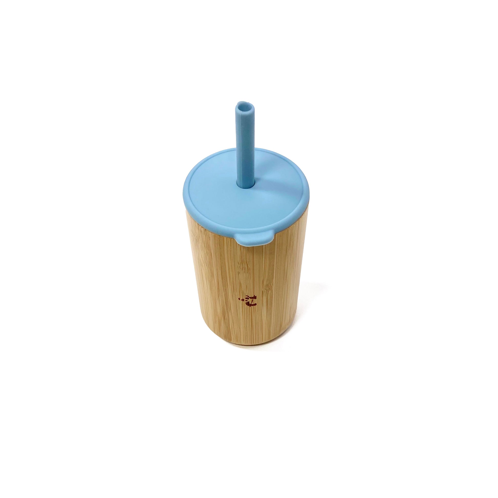 A children’s bamboo drinking cup, with a sky blue silicone lid and matching straw. View shows the cup with lid and straw attached.