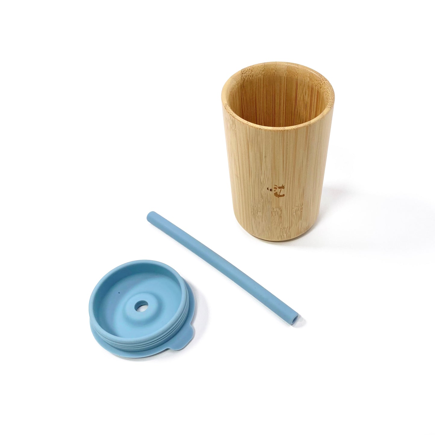 A children’s bamboo drinking cup, with a sky blue silicone lid and matching straw. View shows the cup, lid and straw separately.