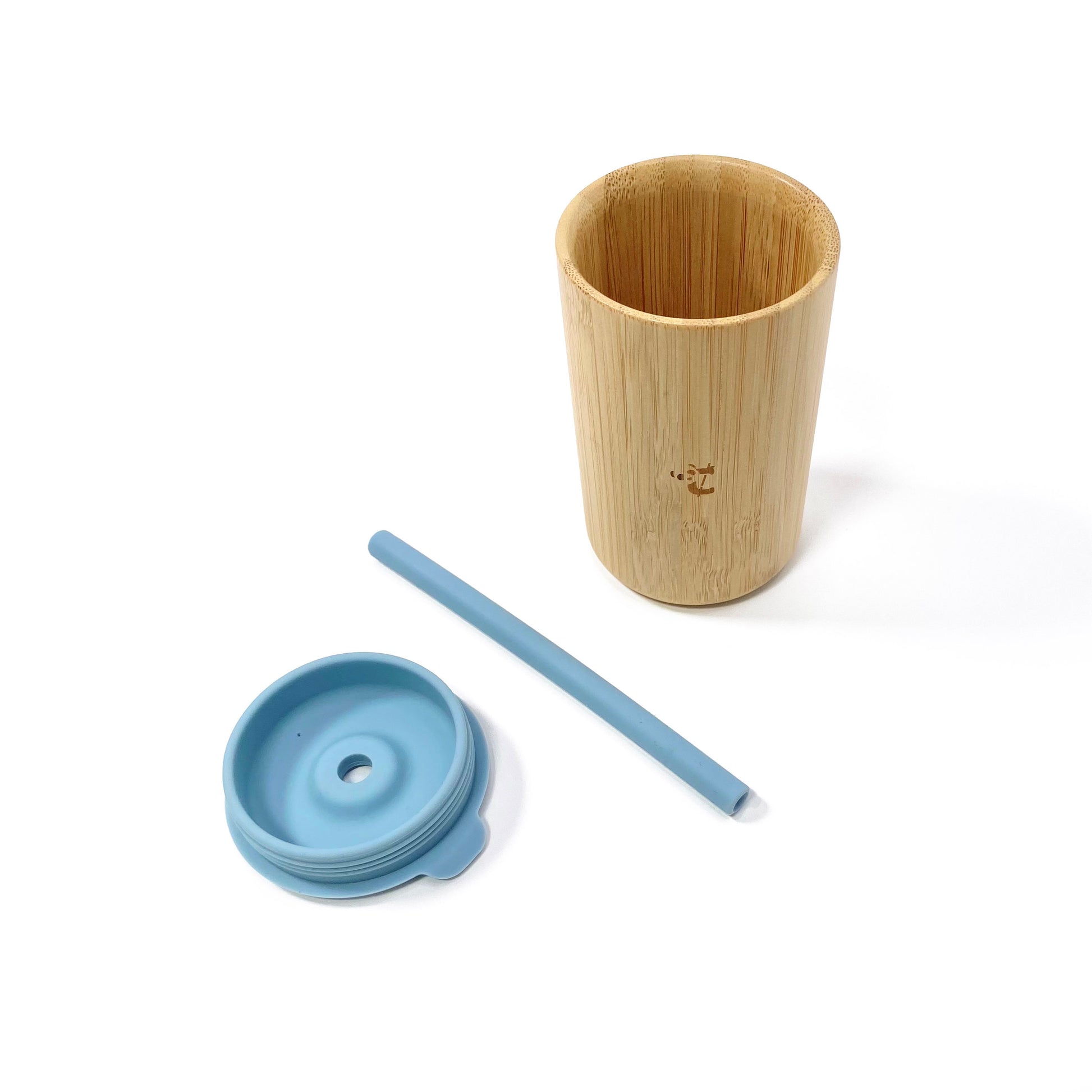 A children’s bamboo drinking cup, with a sky blue silicone lid and matching straw. View shows the cup, lid and straw separately.