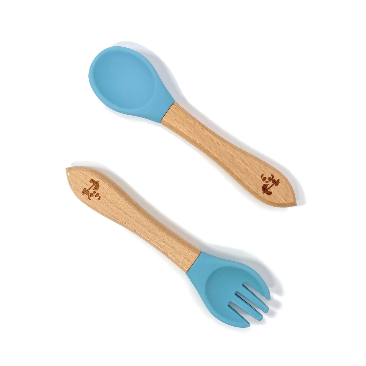 A set of children’s bamboo and silicone cutlery, in sky blue colour.
