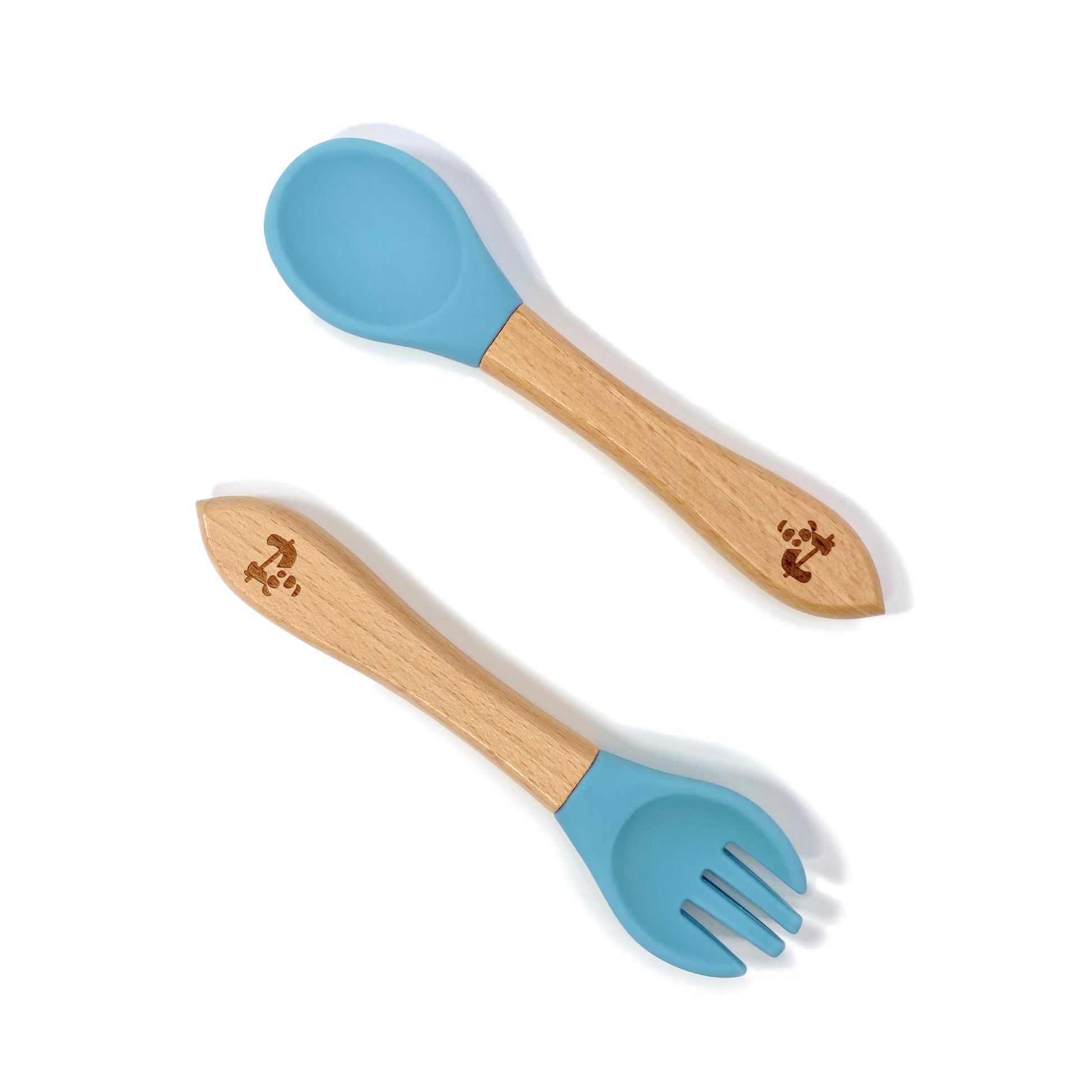 A set of children’s bamboo and silicone cutlery, in a sky blue colour.