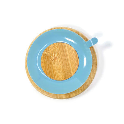 A children’s bamboo section plate with sky blue silicone suction ring on the base. Back view, featuring the sky blue silicone suction ring.