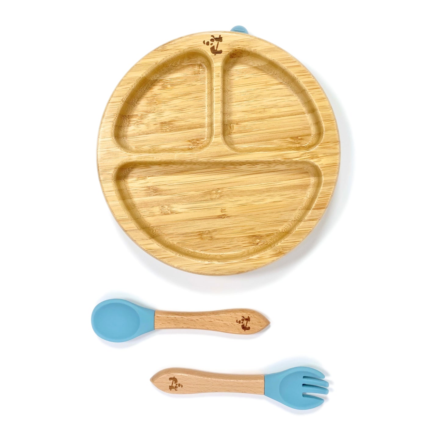 A children’s bamboo tableware set, including bamboo section plate with sky blue silicone suction ring, and matching bamboo and silicone cutlery.