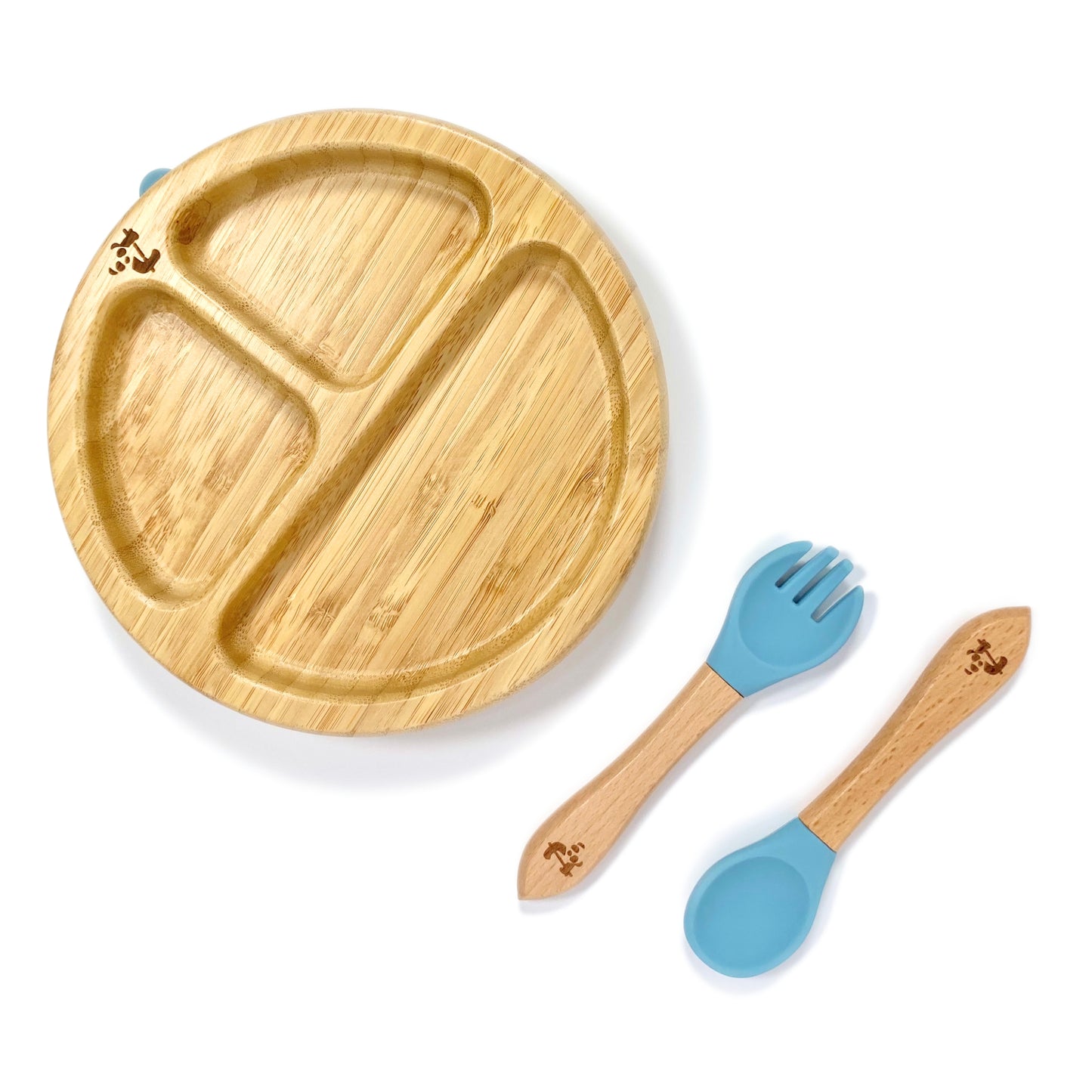 A children’s bamboo tableware set, including bamboo section plate with sky blue silicone suction ring, and matching bamboo and silicone cutlery.