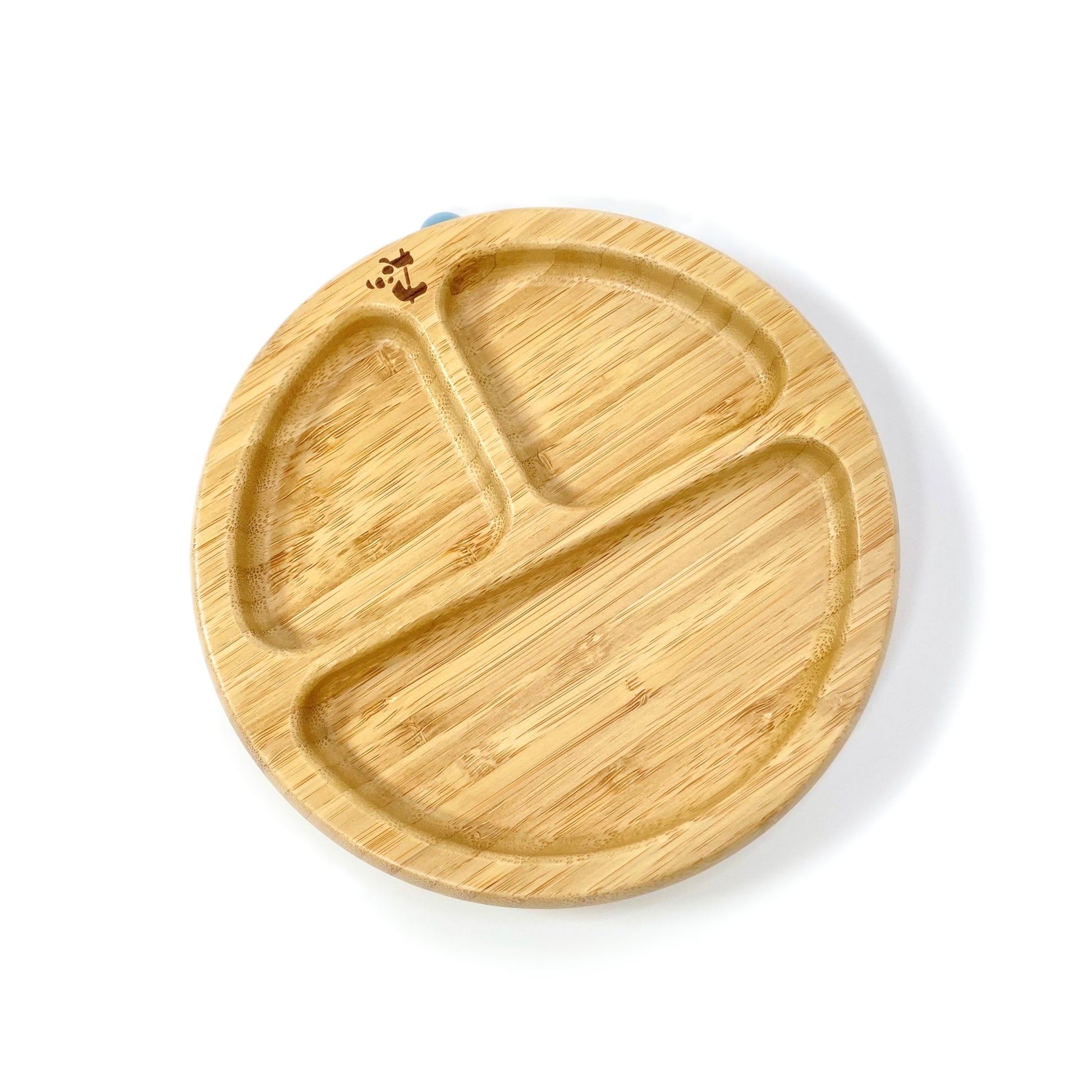 A children’s bamboo section plate with sky blue silicone suction ring on the base.