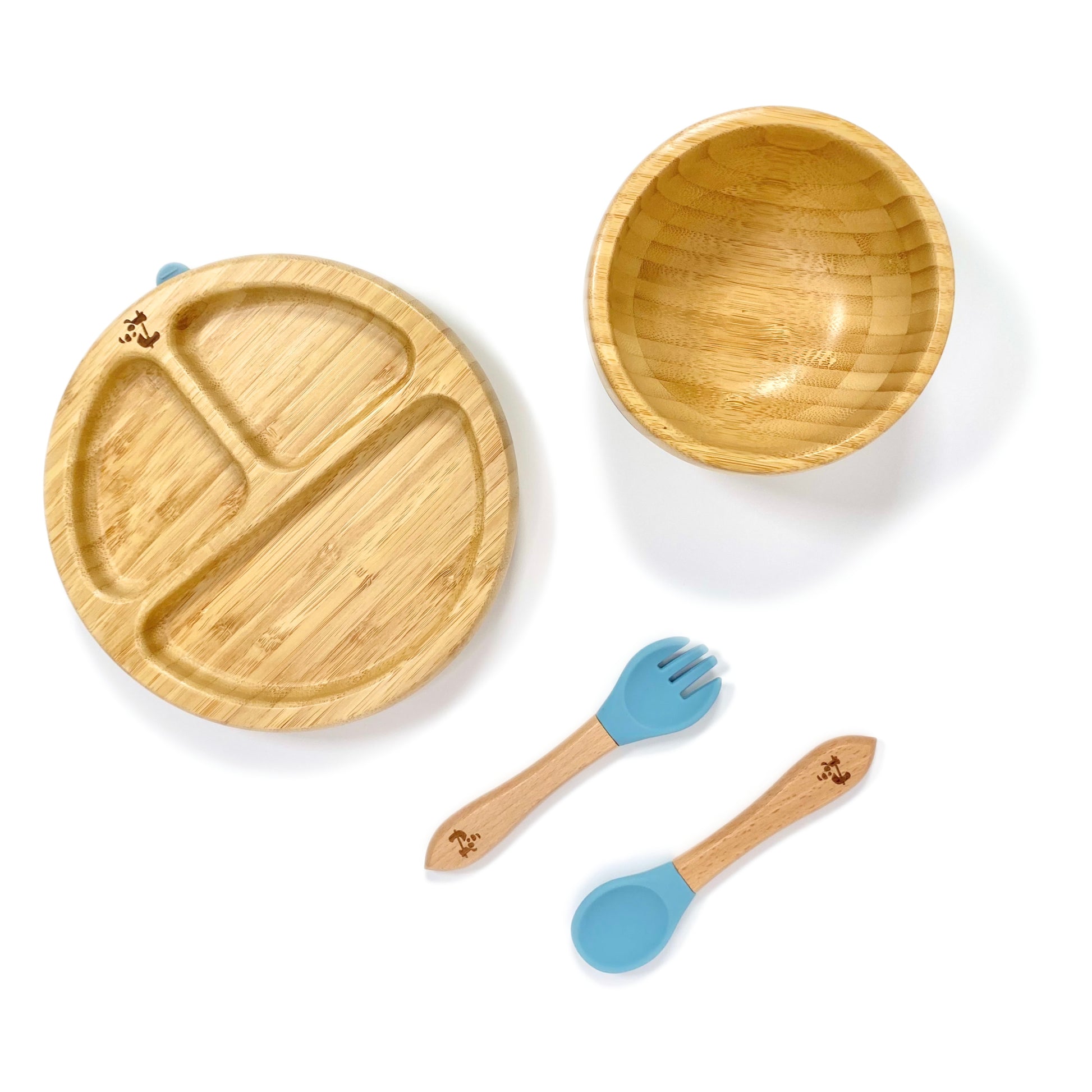 A children’s bamboo tableware set, including bamboo section plate with sky blue silicone suction ring, bamboo bowl with sky blue silicone suction ring and matching bamboo and silicone cutlery.