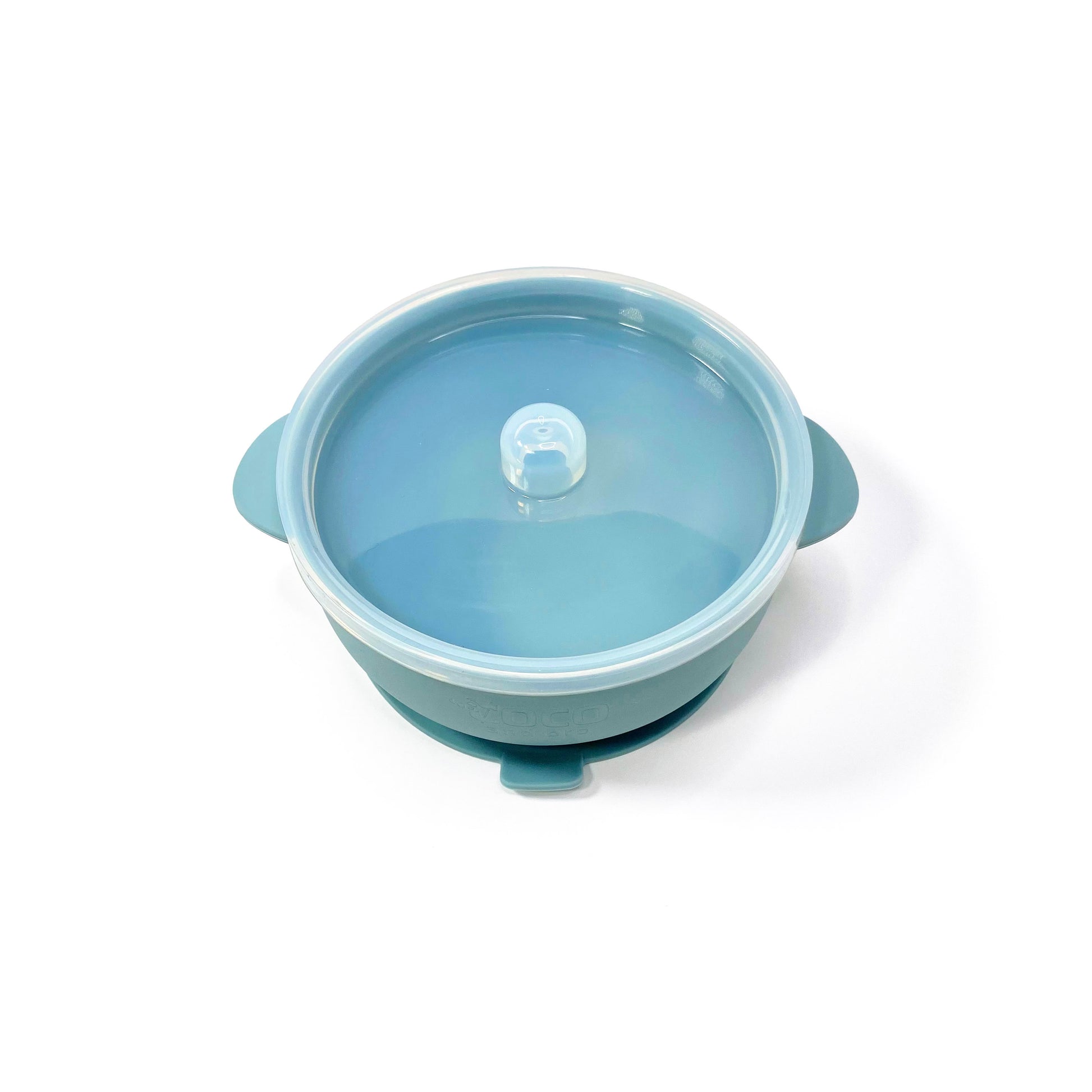 A sky blue silicone children’s feeding bowl, with lid and suction cup. Image shows the bowl with lid attached.