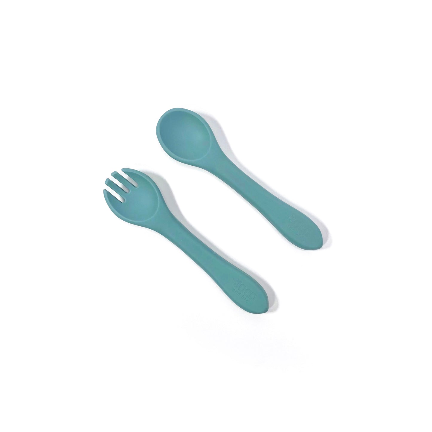 A set of sky blue silicone children’s cutlery.