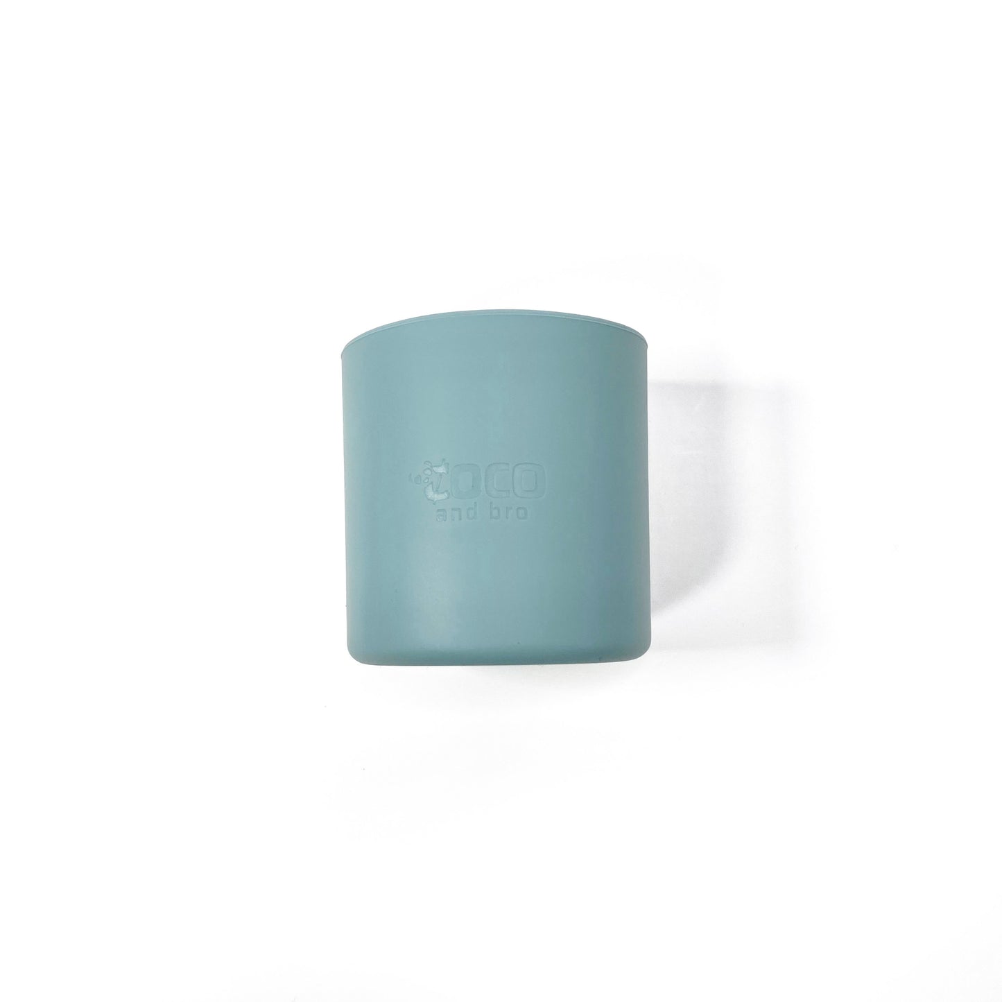 A sky blue silicone children’s drinking cup. Side view.