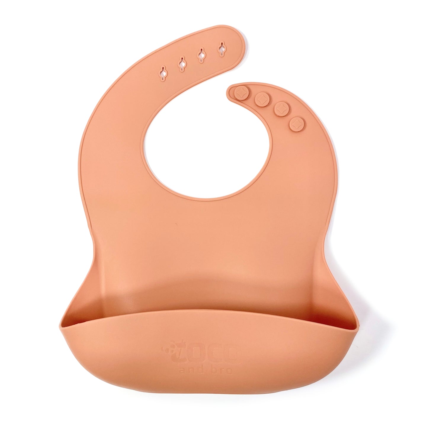 An adjustable sunset orange silicone children’s bib with crumb catcher pocket.