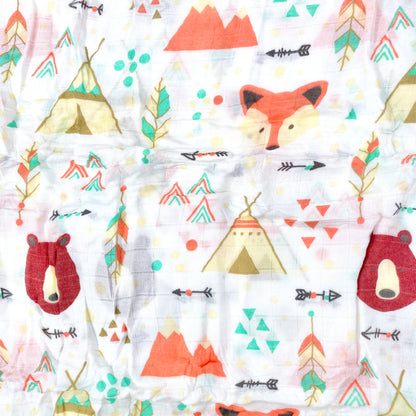 Close up pattern of a muslin swaddle blanket with a teepee design.