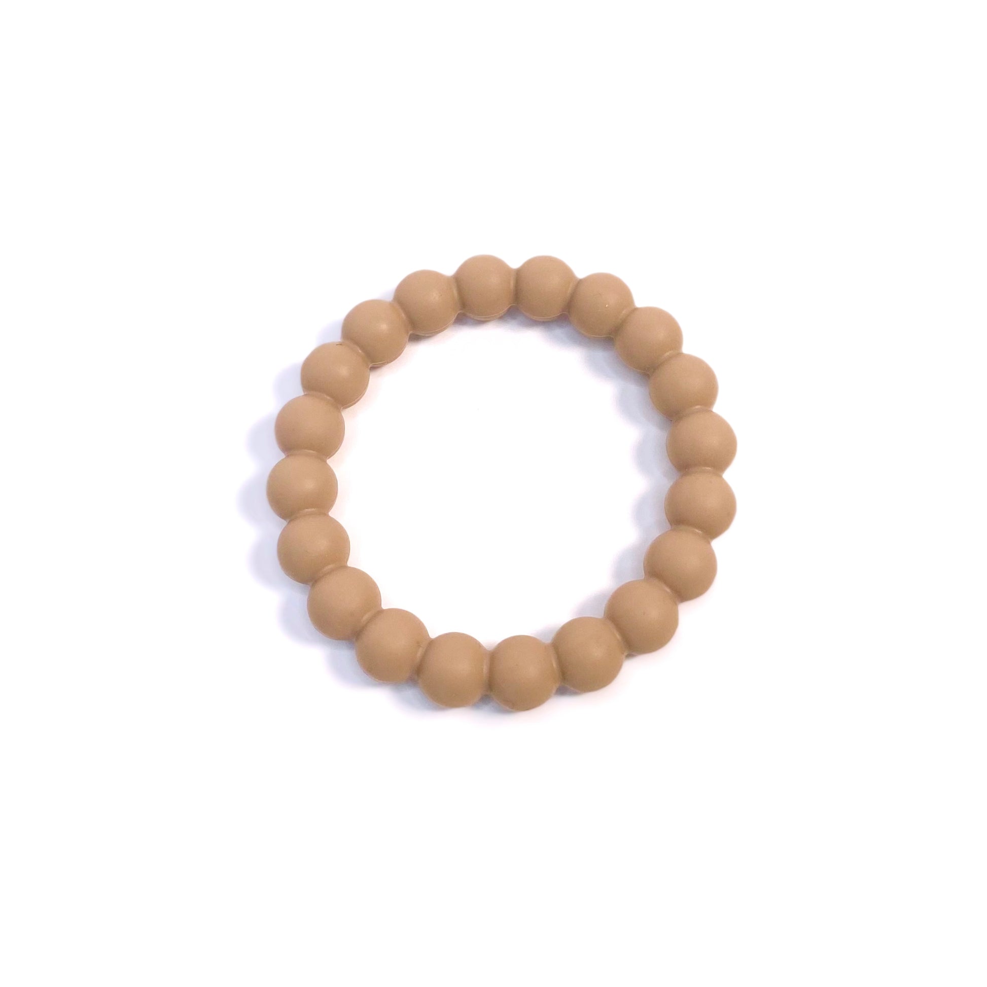 A beige/brown beaded silicone teething ring. Can be worn as a bracelet.
