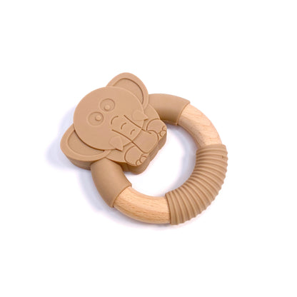 A teething ring made of silicone and bamboo, with a brown elephant design.