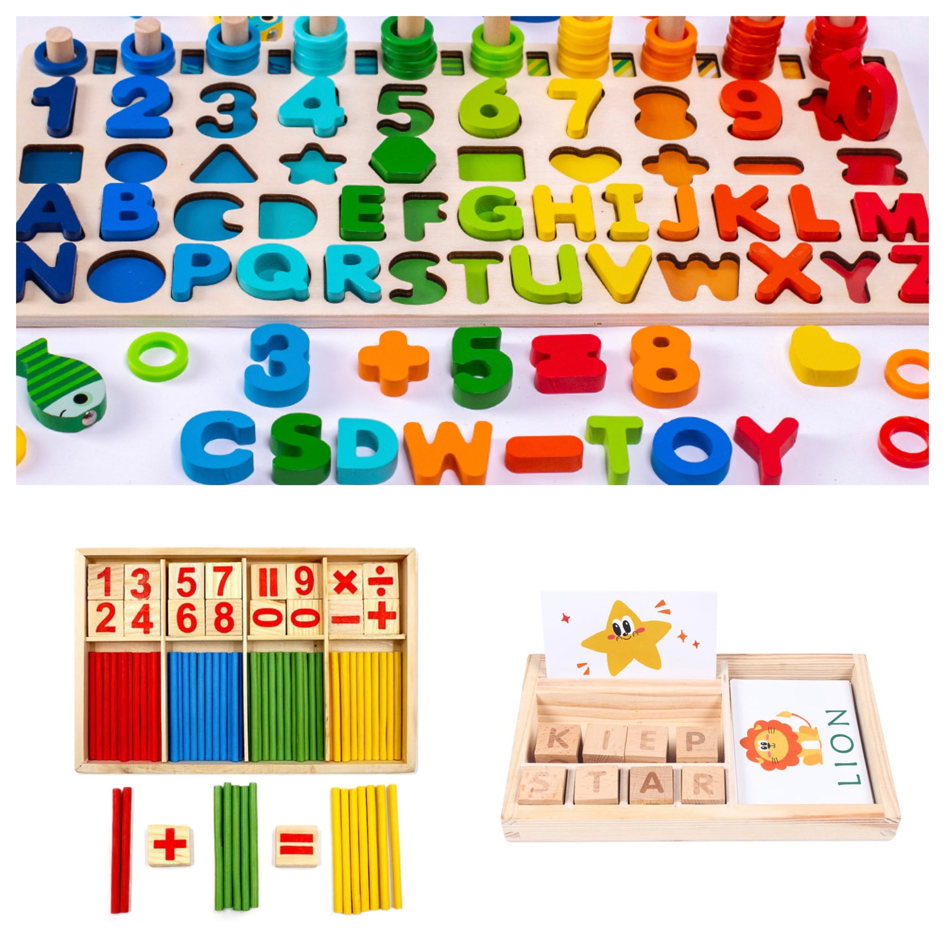 A group of wooden toys for children, including a wooden shapes and numbers puzzle, wooden counting toy and wooden spelling toy.