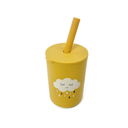 A children’s yellow silicone drinking cup, with matching lid and straw, featuring a cloud design. The image shows the cup with lid and straw attached.