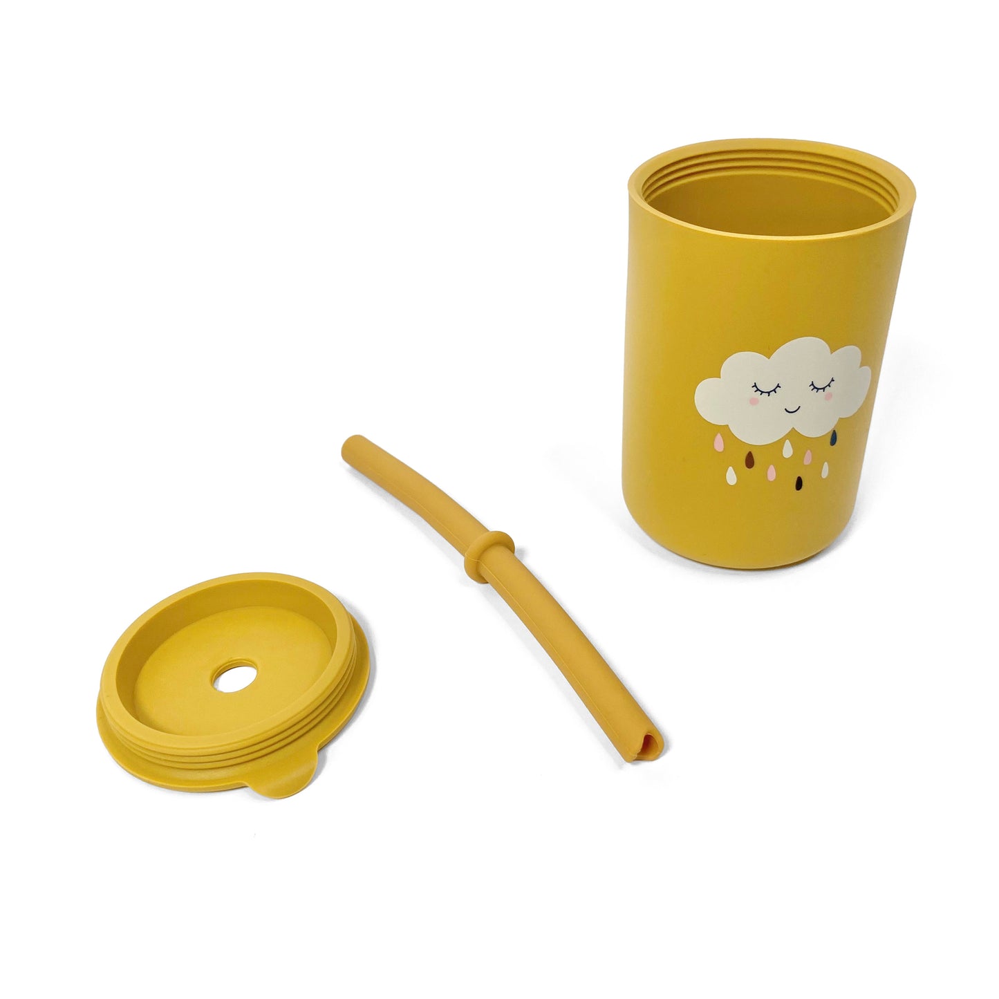 A children’s yellow silicone drinking cup, with matching lid and straw, featuring a cloud design. The image shows the cup, lid and straw separately.