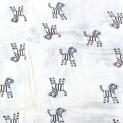 Close up pattern of a muslin swaddle blanket with a zebra design.