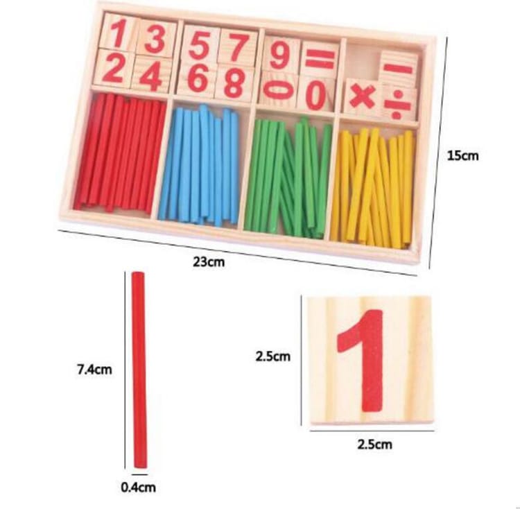A children’s wooden counting toy to help children learn mathematics. The set features counting sticks, number tiles and mathematics symbols to improve mathematics skills.