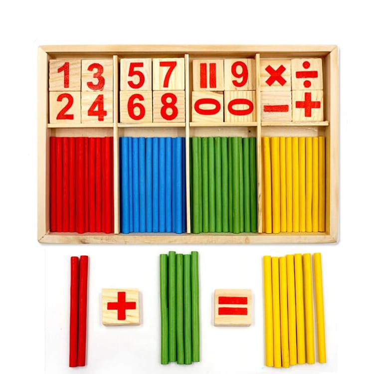 A children’s wooden counting toy to help children learn mathematics. The set features counting sticks, number tiles and mathematics symbols to improve mathematics skills.