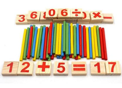 A children’s wooden counting toy to help children learn mathematics. The set features counting sticks, number tiles and mathematics symbols to improve mathematics skills.
