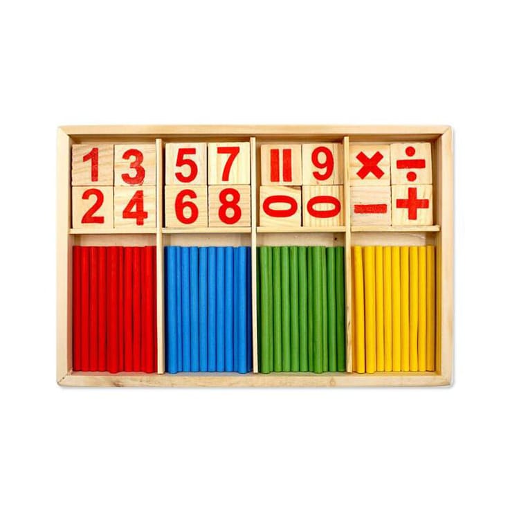 A children’s wooden counting toy to help children learn mathematics. The set features counting sticks, number tiles and mathematics symbols to improve mathematics skills.