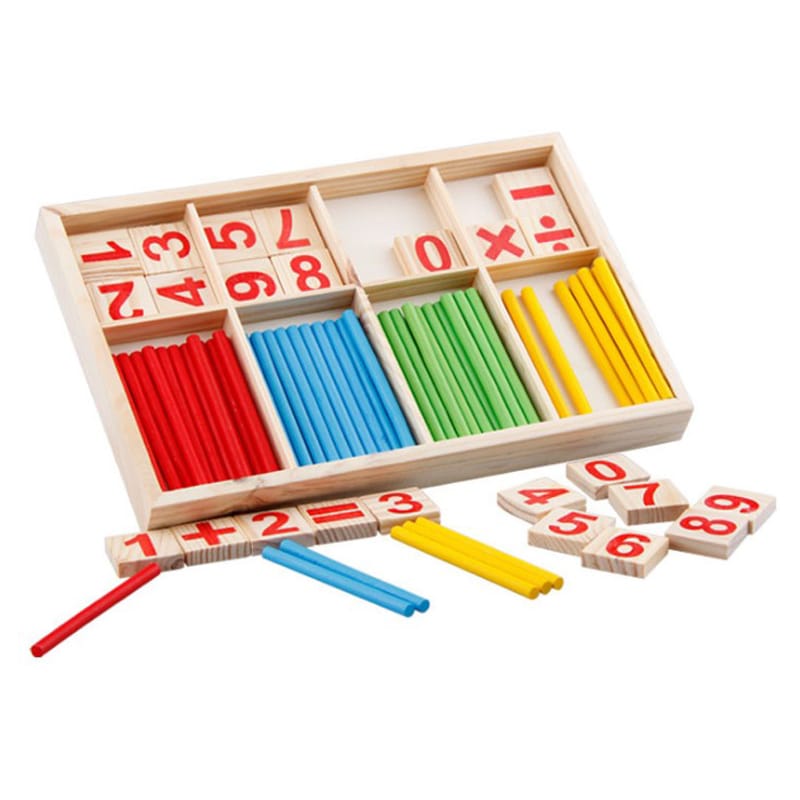 A children’s wooden counting toy to help children learn mathematics. The set features counting sticks, number tiles and mathematics symbols to improve mathematics skills.