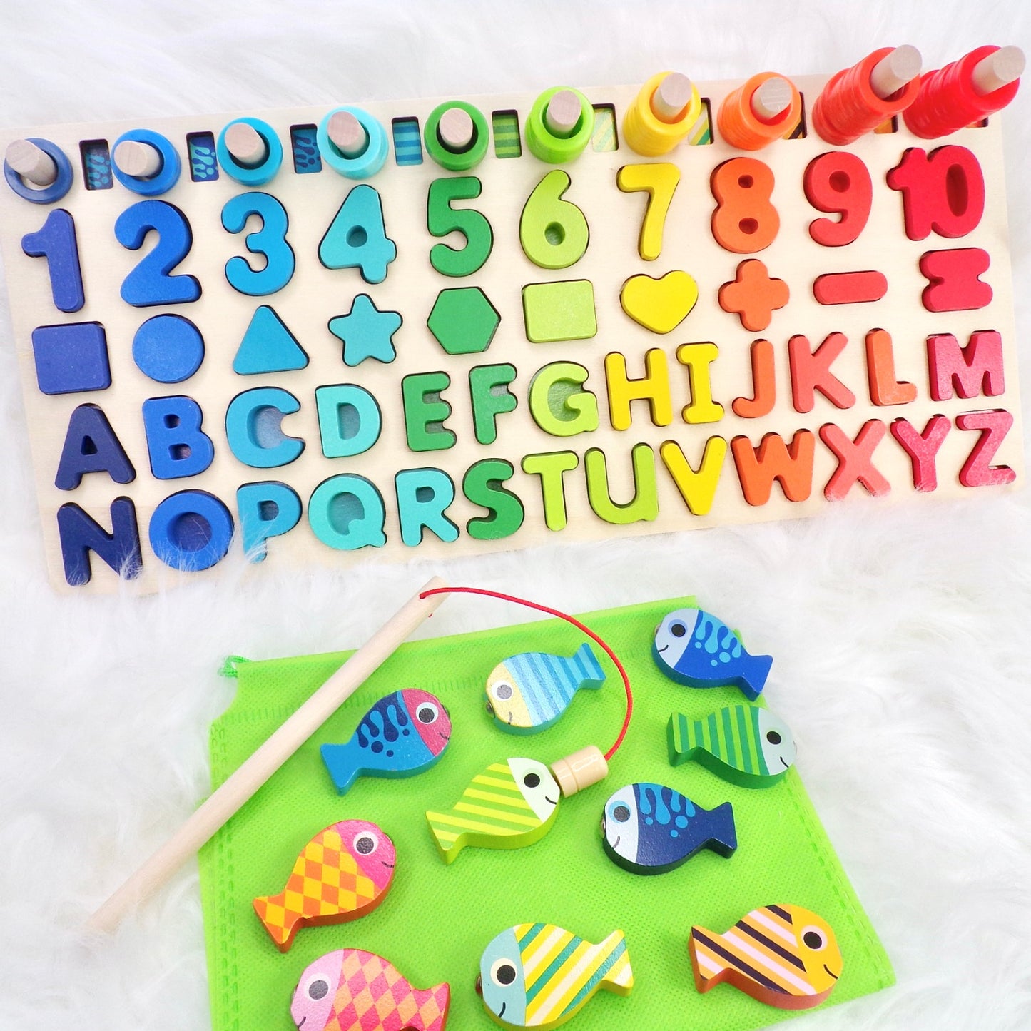 A multifunctional children’s wooden puzzle toy, featuring colourful shapes, numbers, counting rings and a magnetic fish game.
