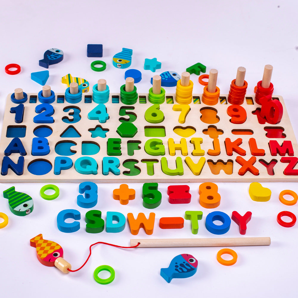 A multifunctional children’s wooden puzzle toy, featuring colourful shapes, numbers, counting rings and a magnetic fish game.