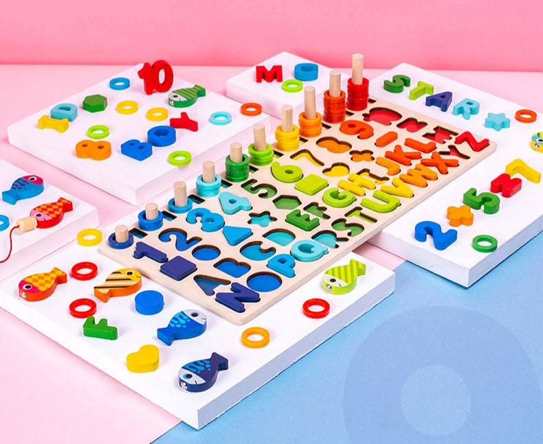 A multifunctional children’s wooden puzzle toy, featuring colourful shapes, numbers, counting rings and a magnetic fish game.