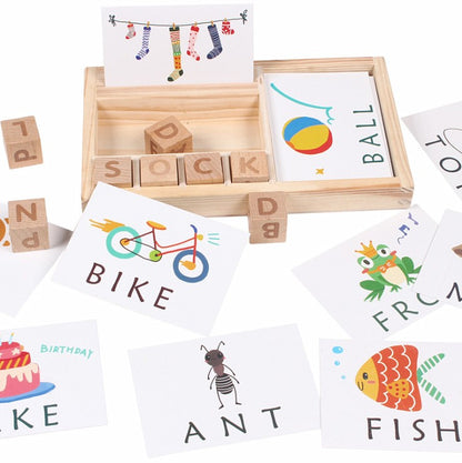 A children's wooden alphabet blocks spelling toy, with wooden letter blocks and spelling cards.