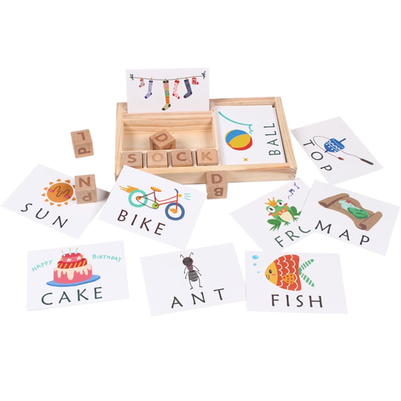 A children's wooden alphabet blocks spelling toy, with wooden letter blocks and spelling cards.